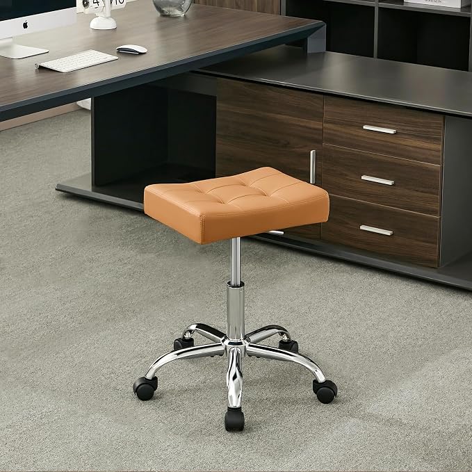 Office Stool with Wheels Brown Faux Leather Workbench Stool - Image 7
