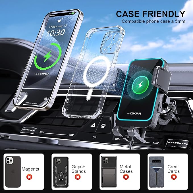 Wireless Car Charger, MOKPR 15W Fast Charging Auto Clamping CD Slot Air Vent - Image 5