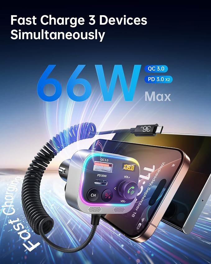 Syncwire Bluetooth 5.4 FM Transmitter Car Adapter 66W PD & QC 3.0 Fast Charging - Image 3