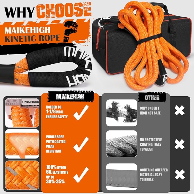 MAIKEHIGH 1-1/8" x 30ft Kinetic Tow Rope, Heavy Duty Recovery Rope - Image 4