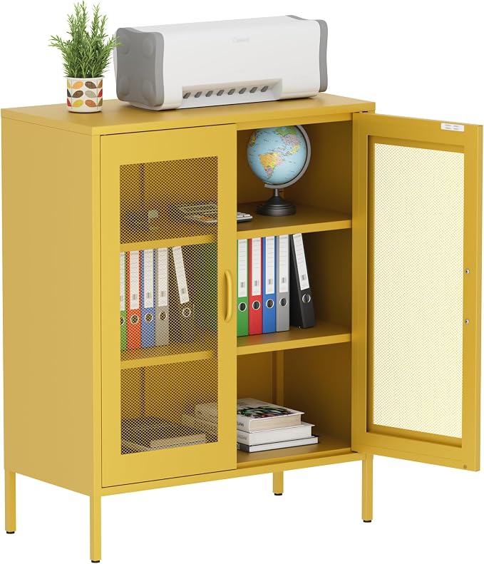 Metal Storage Cabinet with Mesh Doors, Steel Display Cabinet with Adjustable by Washsemba