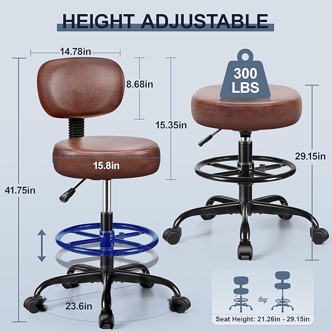 Drafting Chair with Backrest – Adjustable Foot Rest Rolling Stool with Wheels - Image 3