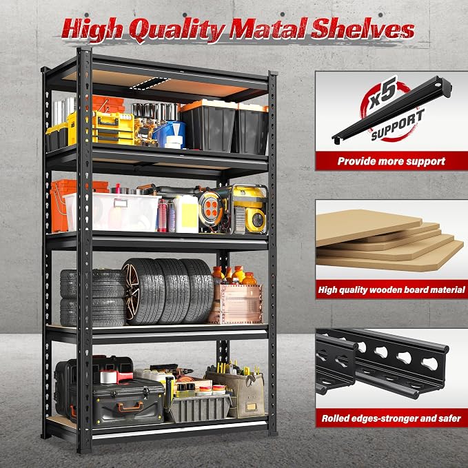 REIBII Set of 2 Storage Shelves 5 Tier Garage Shelving Heavy Duty Metal - Image 7