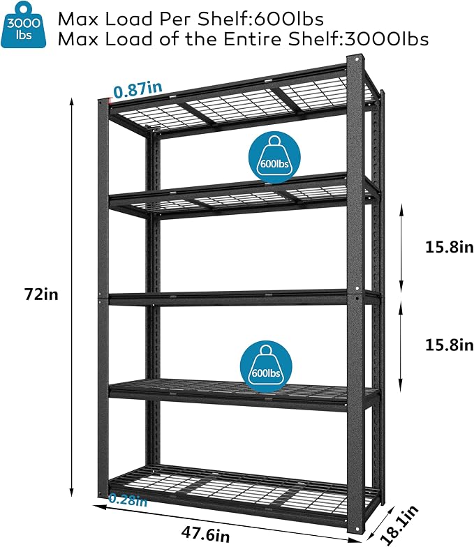 MUPATER 72" H x 47.6" W x 18.1" D Metal Storage Shelves, 5 Tier Shelves and - Image 3