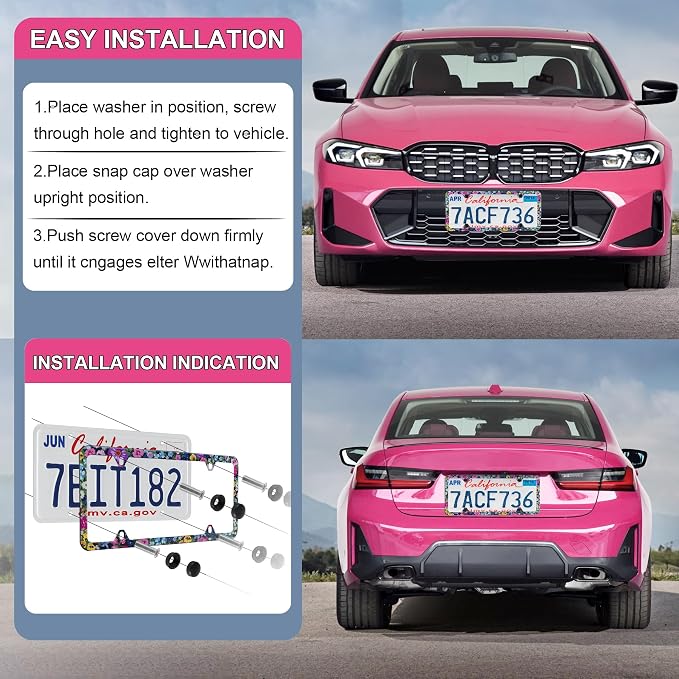 LivTee Flower Floral License Plate Frames, 4 Holes Stainless Steel License - Image 5