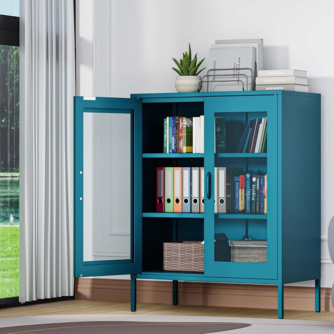 Metal Storage Cabinet with Mesh Doors, Steel Display Cabinet with Adjustable - Image 9
