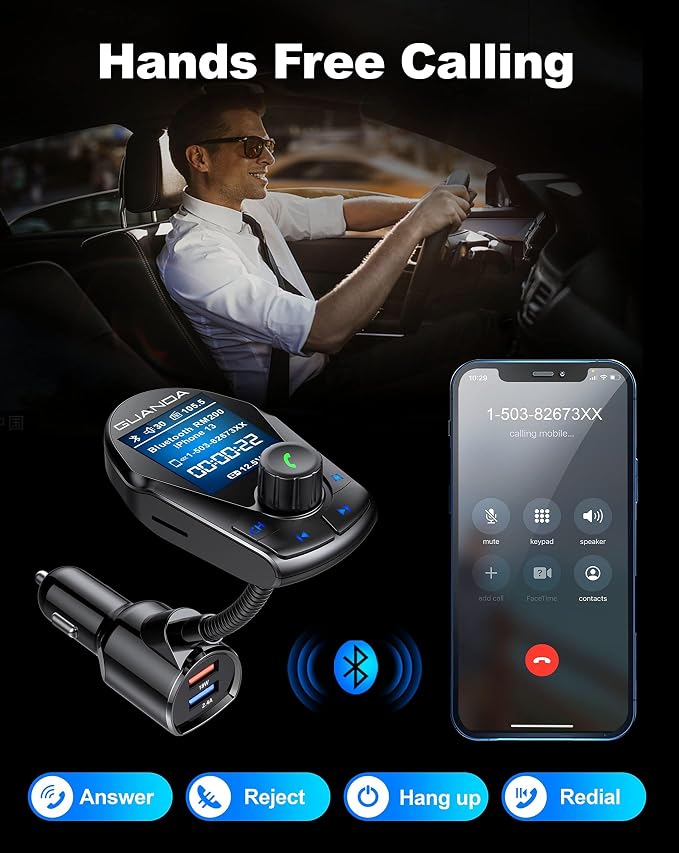 Bluetooth FM Transmitter in-Car Wireless Radio Adapter Kit W 1.8" Color Display - Image 6