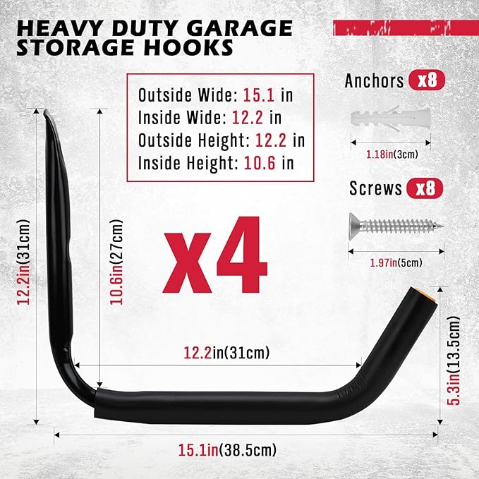 SEDY 4-Piece 15" 100 Lbs Heavy Duty Garage Storage Hooks, Kayak Storage Rack - Image 2