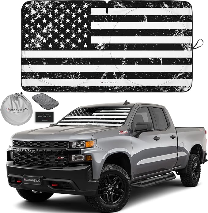 Autoamerics 1-Piece Windshield Sun Shade Grunge B&W American Flag USA Design by AutoamericsUS