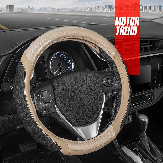 Motor Trend UltraSport Beige Carbon Fiber Steering Wheel Cover, Standard 15 - Image 3