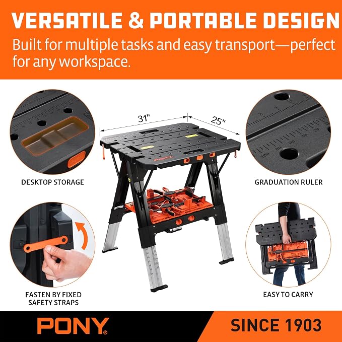 Pony Portable Folding Work Table, 2-in-1 as Sawhorse & Workbench, 31” W×25” - Image 8