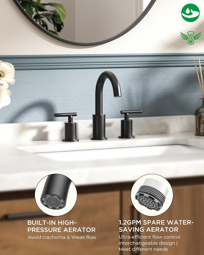 FORIOUS Bathroom Faucets 3 Hole, Matte Black Bathroom Sink Faucet 3 Hole Vanity - Image 2
