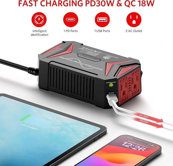 BESTEK 300Watt Pure Sine Wave Power Inverter Car Adapter DC 12V to AC 110V - Image 3
