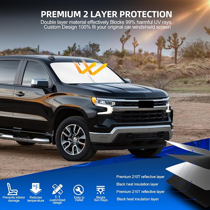 Windshield Sun Shade for Silverado 1500 2019-2025 2026 Foldable Sunshade Custom - Image 3