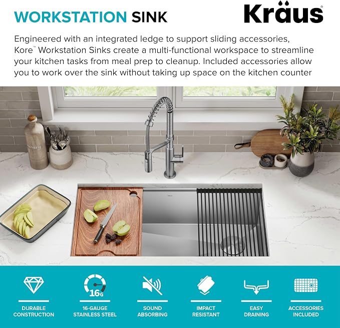 KRAUS Kore 36-Inch Undermount Workstation 16 Gauge Single Bowl Stainless Steel - Image 3