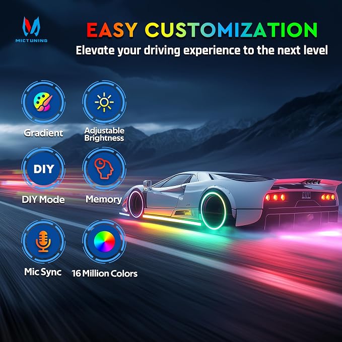MICTUNING 8Pcs N8+ Chasing Color RGB+IC Underglow Neon Accent Strip Lights - Image 2