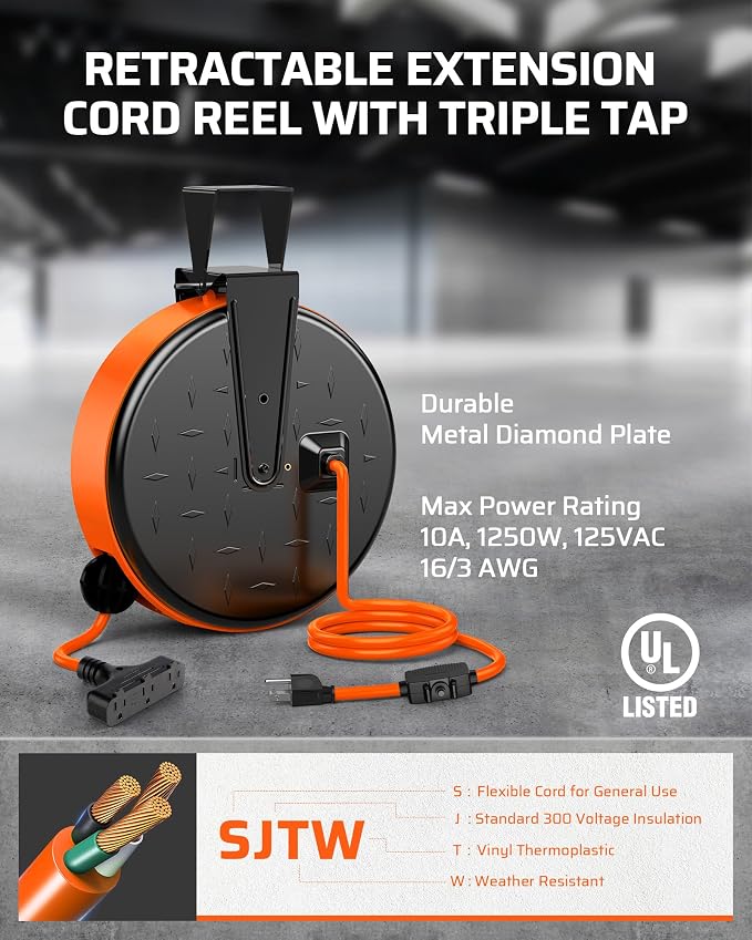 DEWENWILS 30FT Extension Cord Reel, 16/3 Gauge SJTW Power Cord, Retractable - Image 2