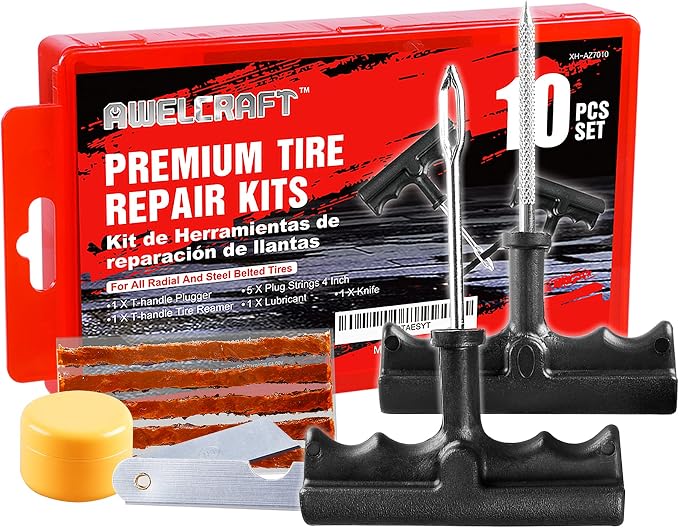Economical Tire Repair Kit to Fix Punctures and Plug Flats, 10-Piece Value Pack by AWELCRAFT