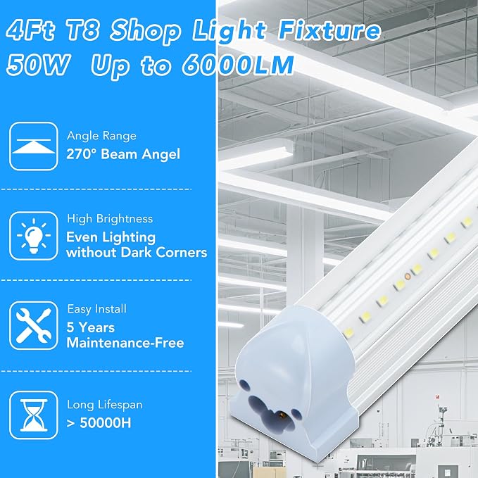 T8 LED Shop Lights 4FT, 4 Pack LED Garage Lights 50W 9600LM 6000K, Linkable - Image 2