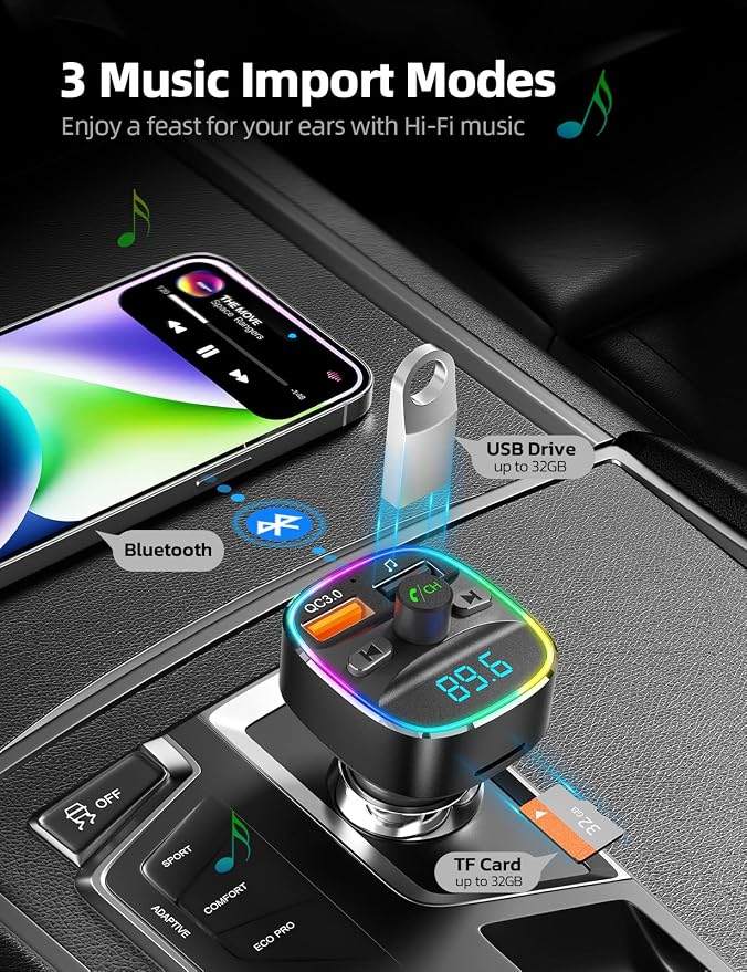 Nulaxy Bluetooth FM Transmitter, Hands-Free Calling, 7 Colors Led Backlit Light - Image 4