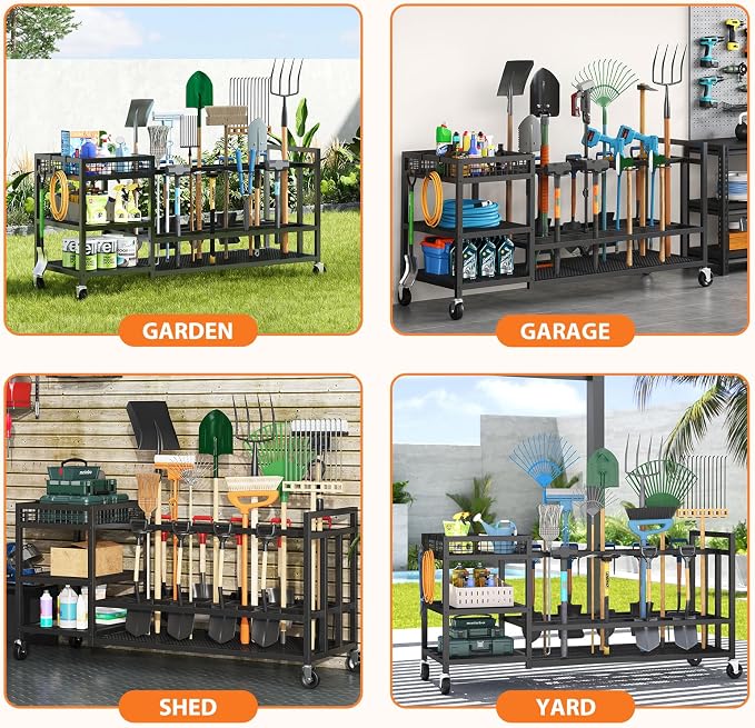 Garden Tool Organizer with Wheels-Movable Garden Tool Rack with Storage Hooks - Image 2