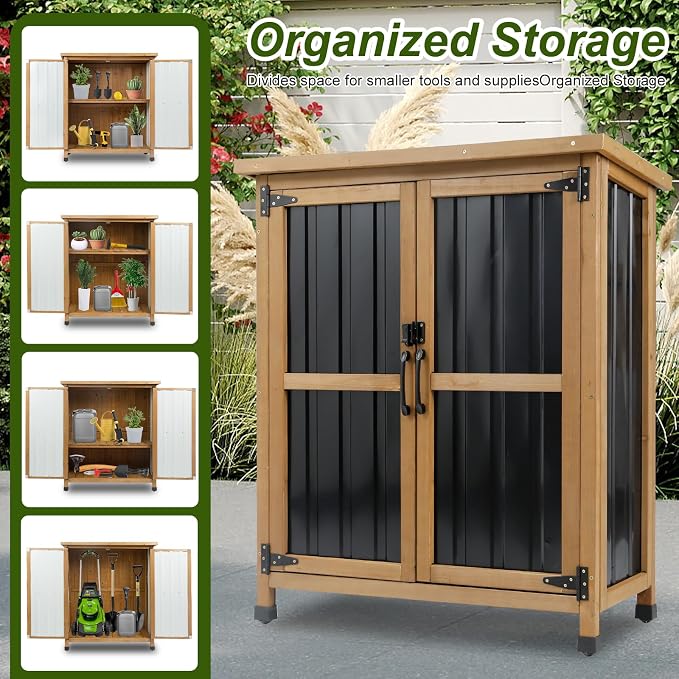 Outdoor Storage Cabinet Wood & Metal Small Storage Shed Waterproof Roof - Image 8