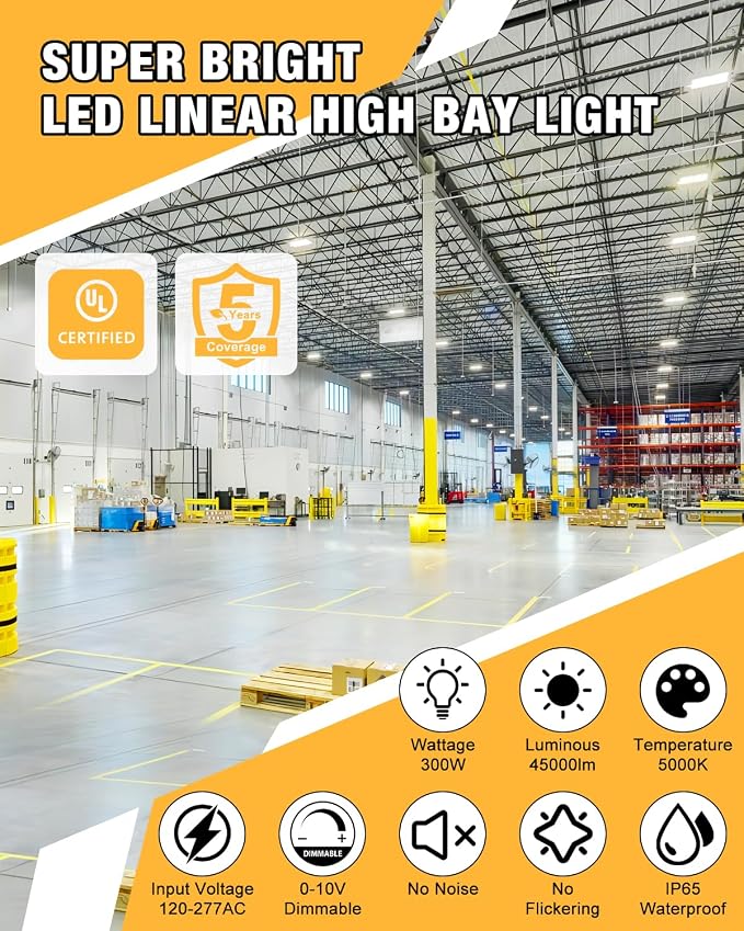 300W LED Linear High Bay Light, 45000LM Linear High Bay Shop Light Commercial - Image 2