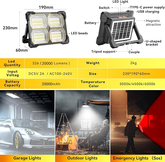 200W Led Work Light Rechargeable, 20000MAh Solar Portable Light, 20000LM - Image 7