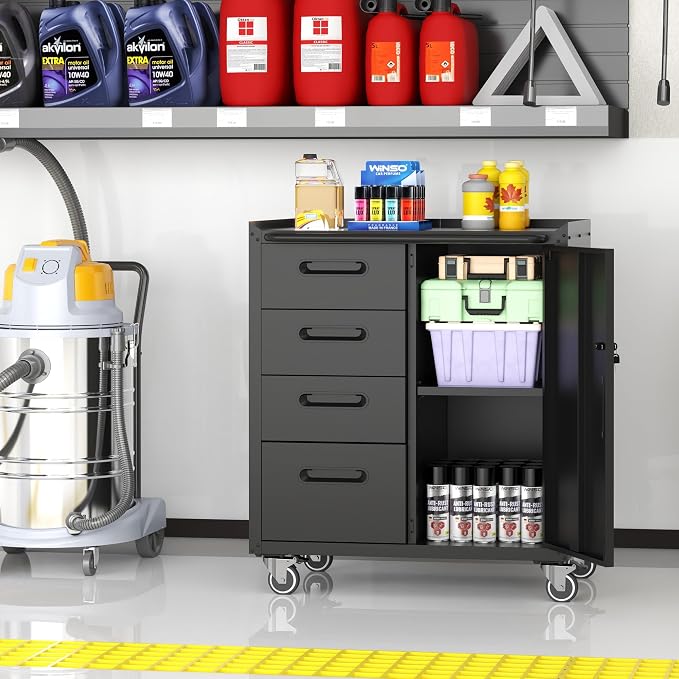 Metal Storage Cabinet with Wheels, Garage Cabinet with 1 Door and 4 Drawers - Image 4