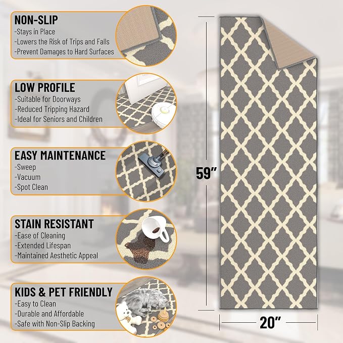 Ottomanson Hallway Runner Rug 20" x 59" Non Slip Trellis Area Rugs Easy to - Image 2