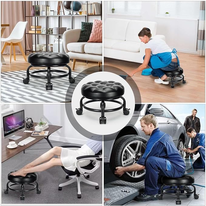 Low Height Rolling Stool Roller Stool PU Leather Comfortable Seat 360°Swivel - Image 6
