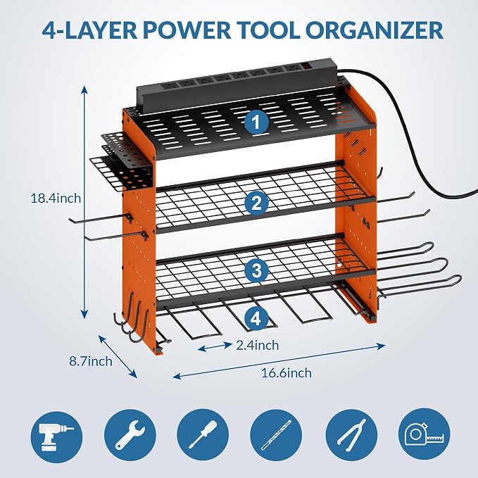 Power Tool Organizer with Charging Station, 4 Layers Garage Storage Rack with 6 - Image 2
