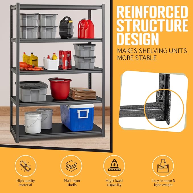 Rigma 5 Tier Garage Shelf, Heavy Duty Steel Shelving Unit, Adjustable Metal - Image 4