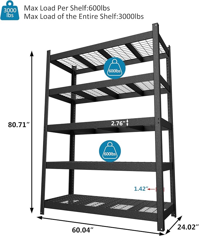 MUPATER 60.04”W × 24.02”D × 80.71”H Metal Storage Shelves, 3000 LBS Heavy Duty - Image 3