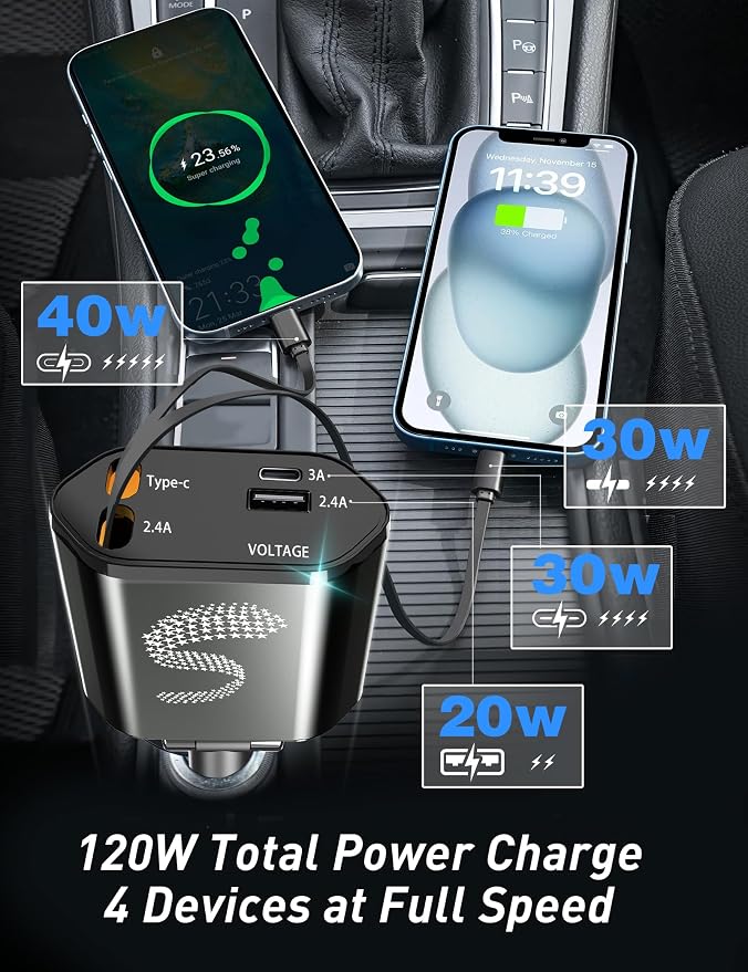Retractable Car Charger USB C Fast Charging 120W, Car Accessories Cigarette - Image 4