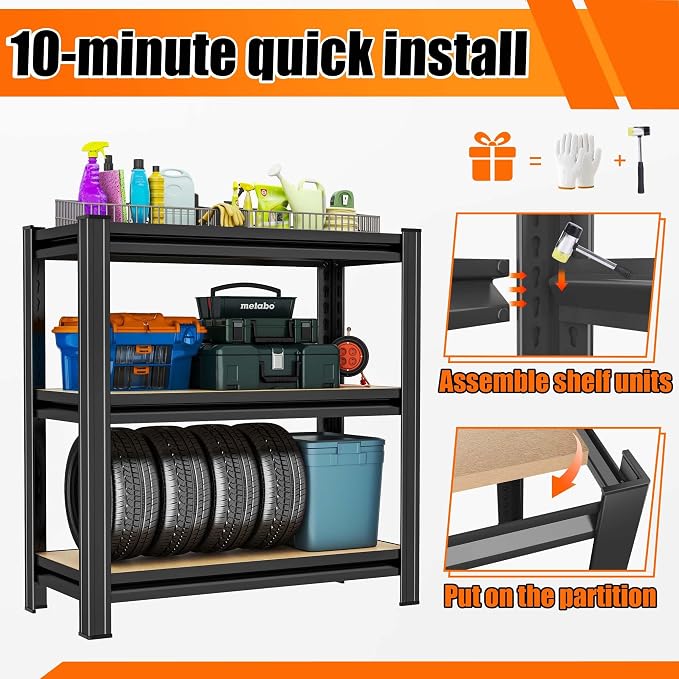 Garage Shelving, 3-Tier Adjustable Storage Shelves, Metal & Wood Pantry Shelf - Image 5