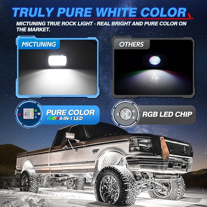 MICTUNING Q1 RGBW Rock Lights, 12 Pods Pure Color Underglow Neon Multicolor - Image 4
