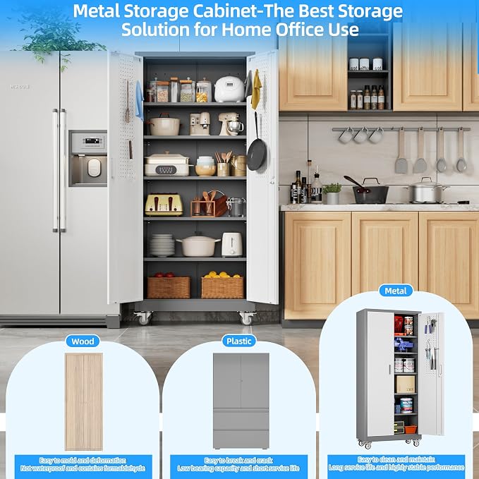 Metal Garage Cabinet with Wheels and Pegboard 71'' x 32'' x 16'', Lockable - Image 5