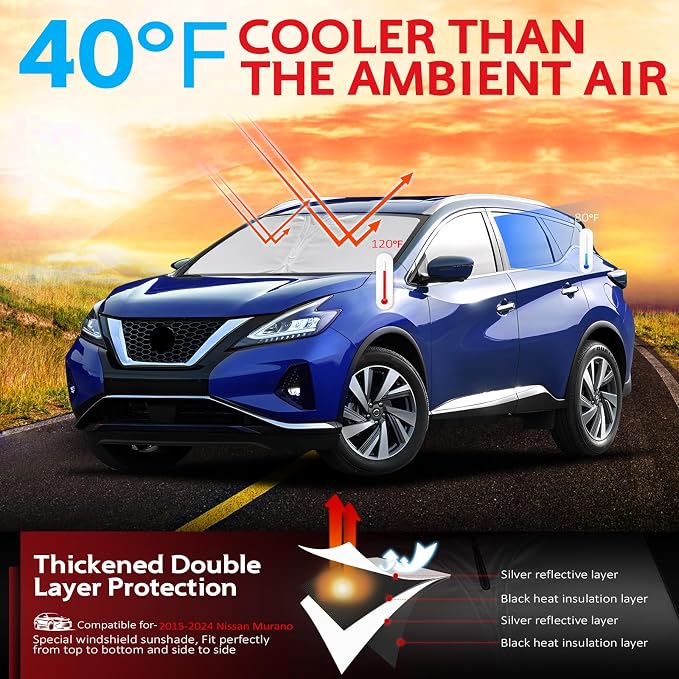 KAYZT Windshield Sun Shade for 2015-2024 Nissan Murano Foldable Sunshade Front - Image 2