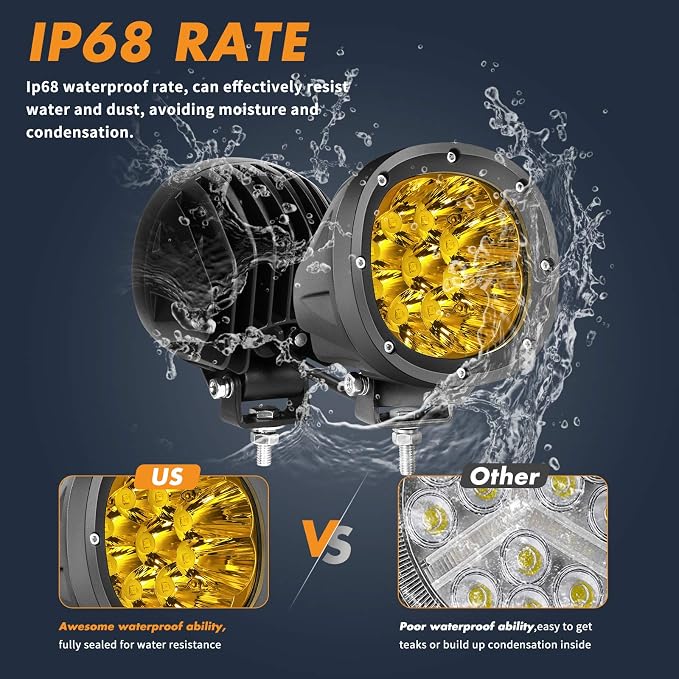 YCHOW-TECH 2PCS 4 Inch LED Amber Fog Lights 90W Yellow Round Offroad Light Bar - Image 4