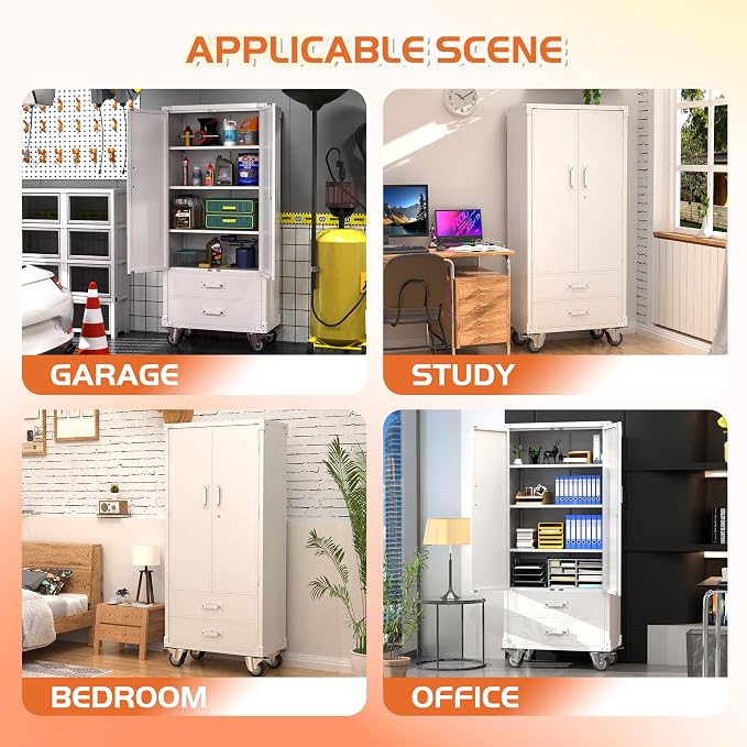 Rolling Storage Cabinet with 2 Doors and 2 Drawers, Heavy Duty Metal Storage - Image 5