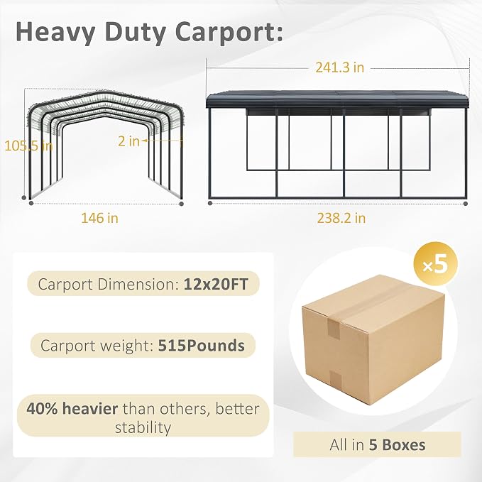 12x20 FT Outdoor Carport with Metal Roof, Heavy Duty Metal Carport Canopy - Image 8