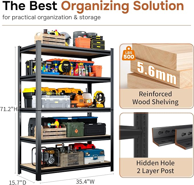 2500LBS Garage Shelving Heavy Duty 35.4"W Storage Shelves 5 Tier Heavy Duty - Image 2