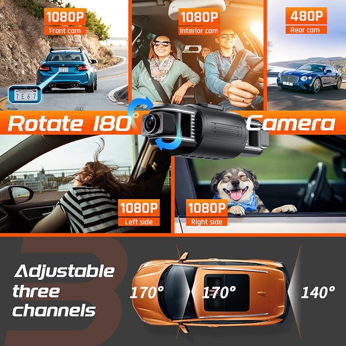 iiwey T1-pro Dash Cam Front and Rear Inside 3 Channel 1080P, Adjustable Lens - Image 3