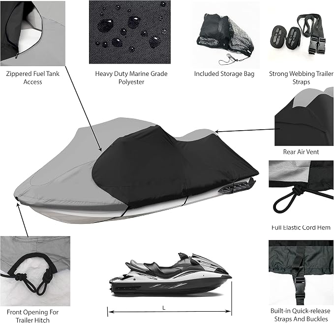 Trailerable Jet Ski Cover, Waterproof Marine Grade 600D Heavy Duty Polyester - Image 2