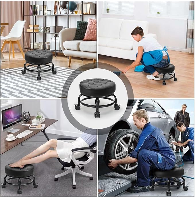 Low Roller Seat Low Height Rolling Stool PU Leather Rolling Stool, Modern - Image 7