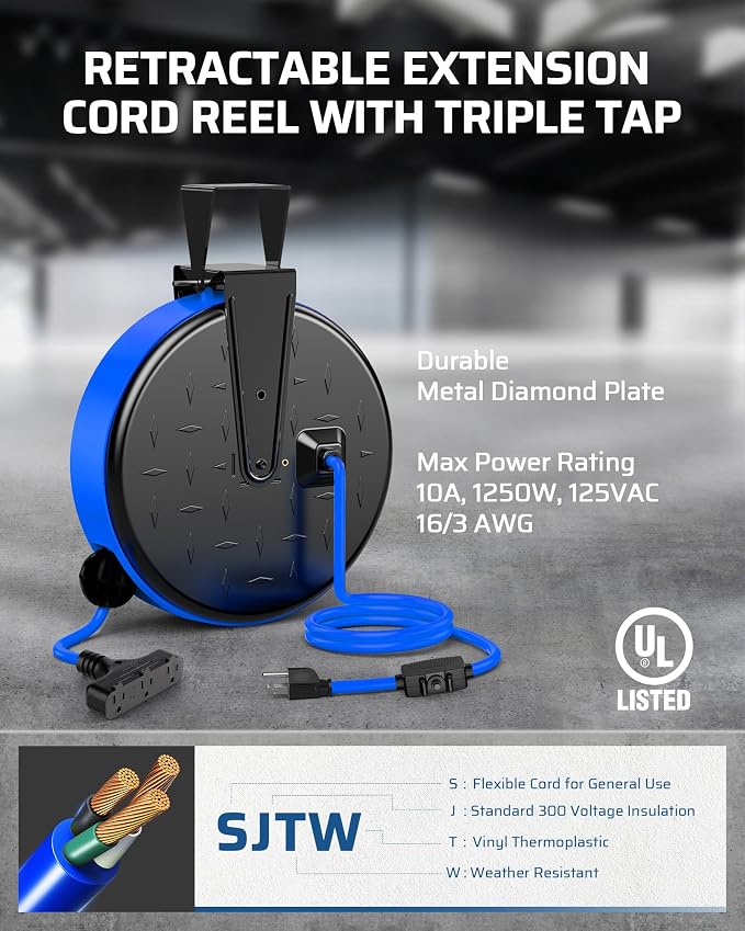 DEWENWILS 30FT Extension Cord Reel, 16/3 Gauge SJTW Power Cord, Retractable - Image 2