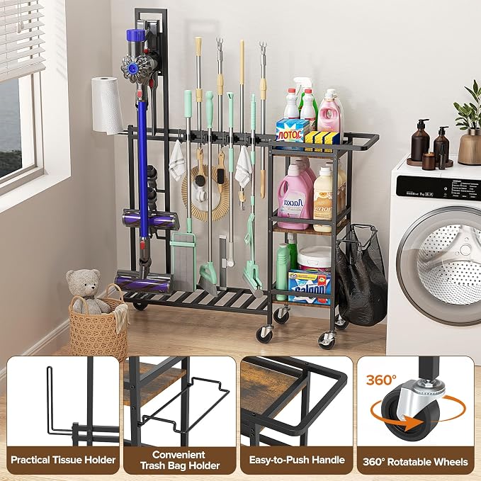 Cleaning Utility Cart on Wheels, Vacuum Stand Compatible - Image 4