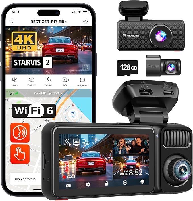 REDTIGER F17 Elite 4K 3 Channel Dash Cam, STARVIS 2 IMX678 & IMX675, 128GB Card by REDTIGER