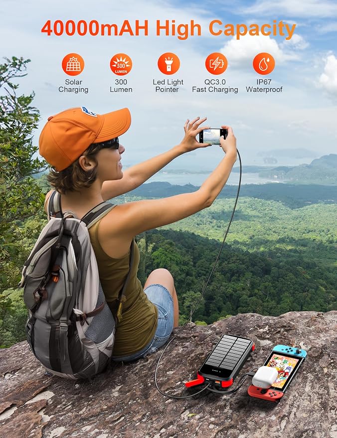 Solar Charger Power Bank, 40000mAh Portable Phone Charger Built in 4 Cables - Image 2
